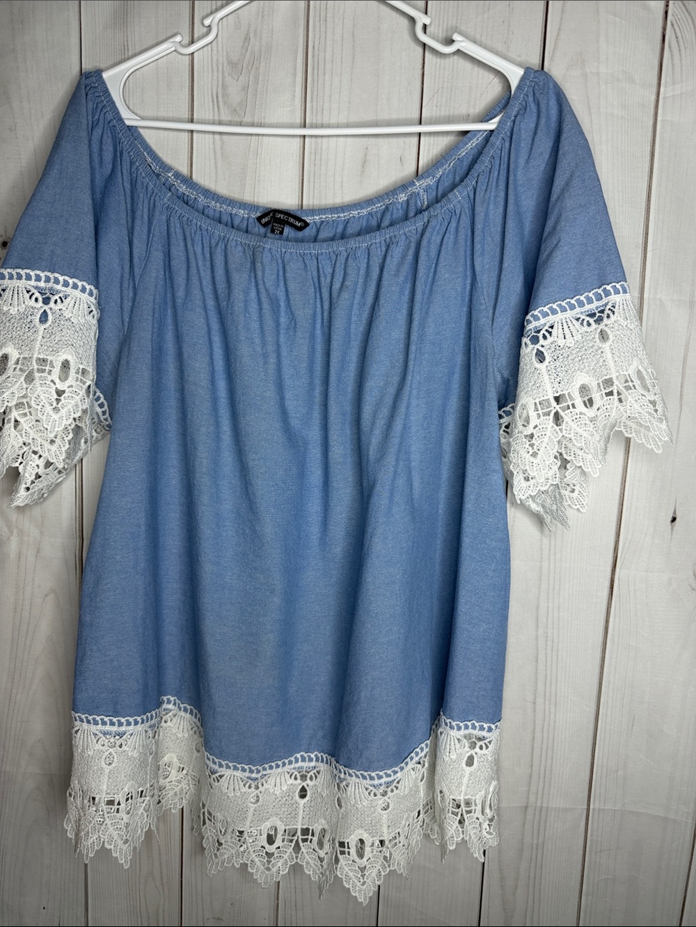 Unique Spectrum Blue denim look Blouse with White Crochet Trim 2x -1195